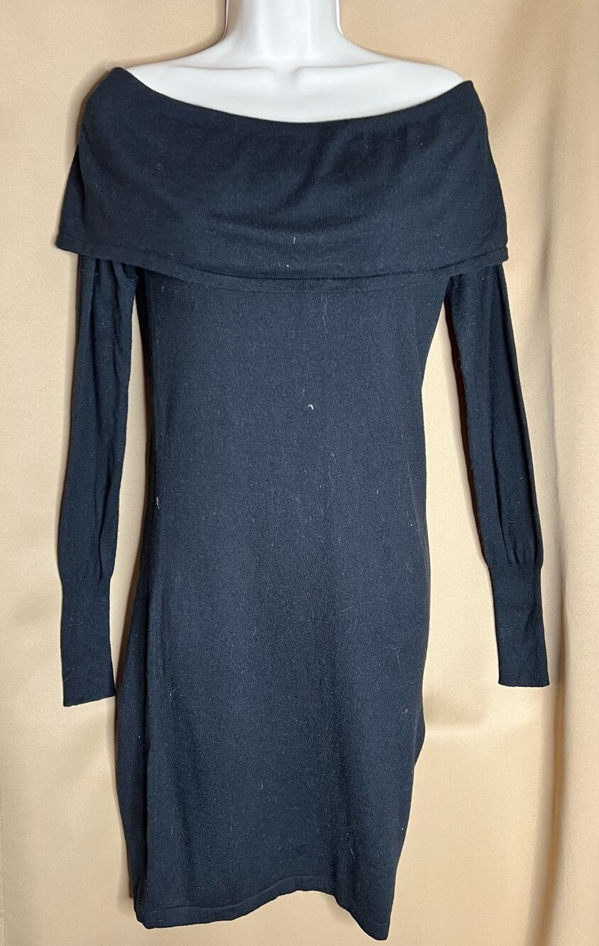 Nicole Miller Black Merino Wool Off Shoulder Sweater Dress S